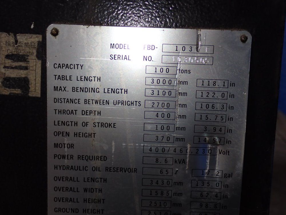 Amada 100 Ton X 120" 1996 Amada Fbd-1030e Press Brake - Fbd-1030e