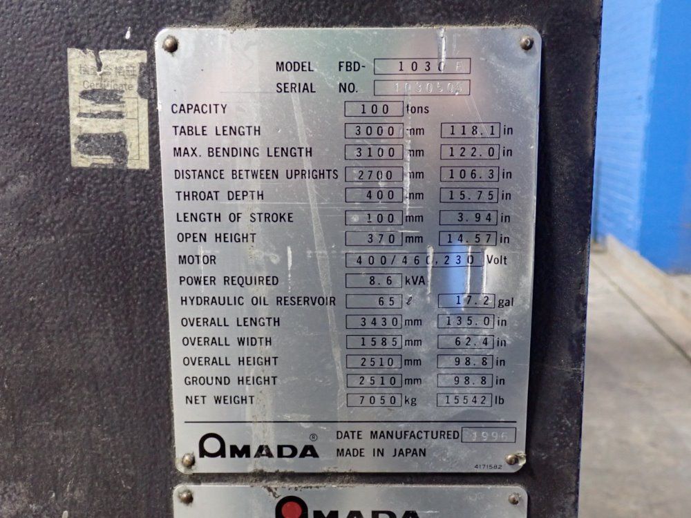 Amada 100 Ton X 120" 1996 Amada Fbd-1030e Press Brake - Fbd-1030e