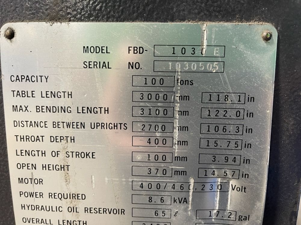 Amada 100 Ton X 120" 1996 Amada Fbd-1030e Press Brake - Fbd-1030e