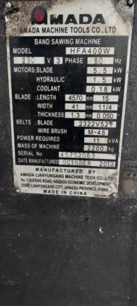 Amada 12 Make 2012 Amada Horizontal Band Saw - Hfa400w