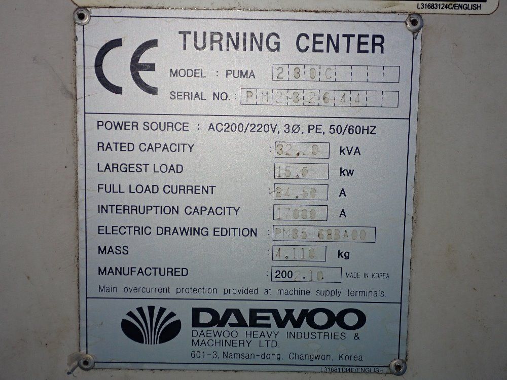 Daewoo 2002 Daewoo Puma 230c Cnc Lathe - Puma 230c