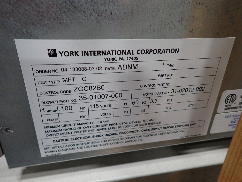 York International Corporation .100 Hp Blowers - Mft C