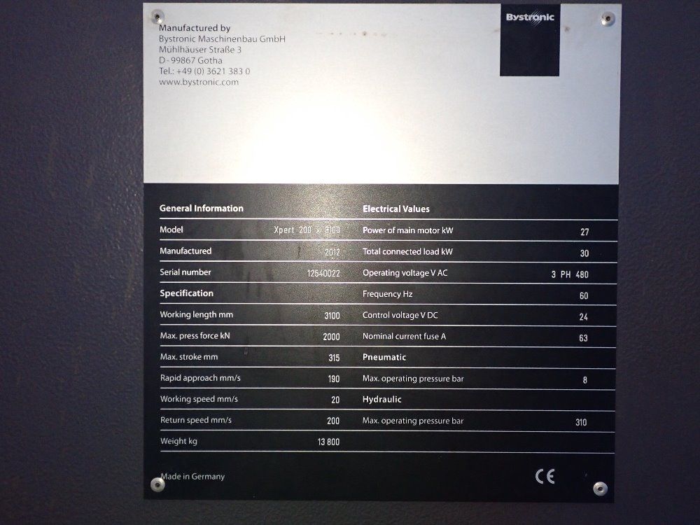 Bystronic 2000 Kn X 3100 Mm 2012 Bystronic Xpert 200x3100 Press Brake - Xpert 200x3100