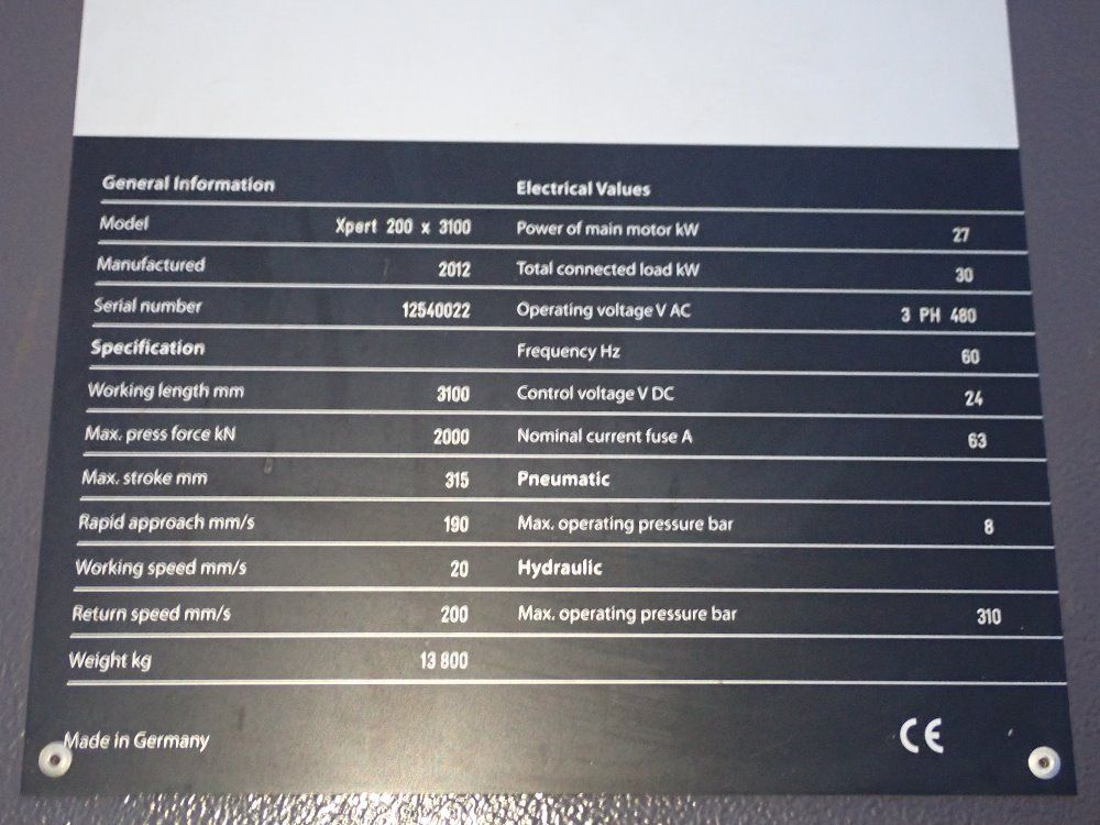 Bystronic 2000 Kn X 3100 Mm 2012 Bystronic Xpert 200x3100 Press Brake - Xpert 200x3100