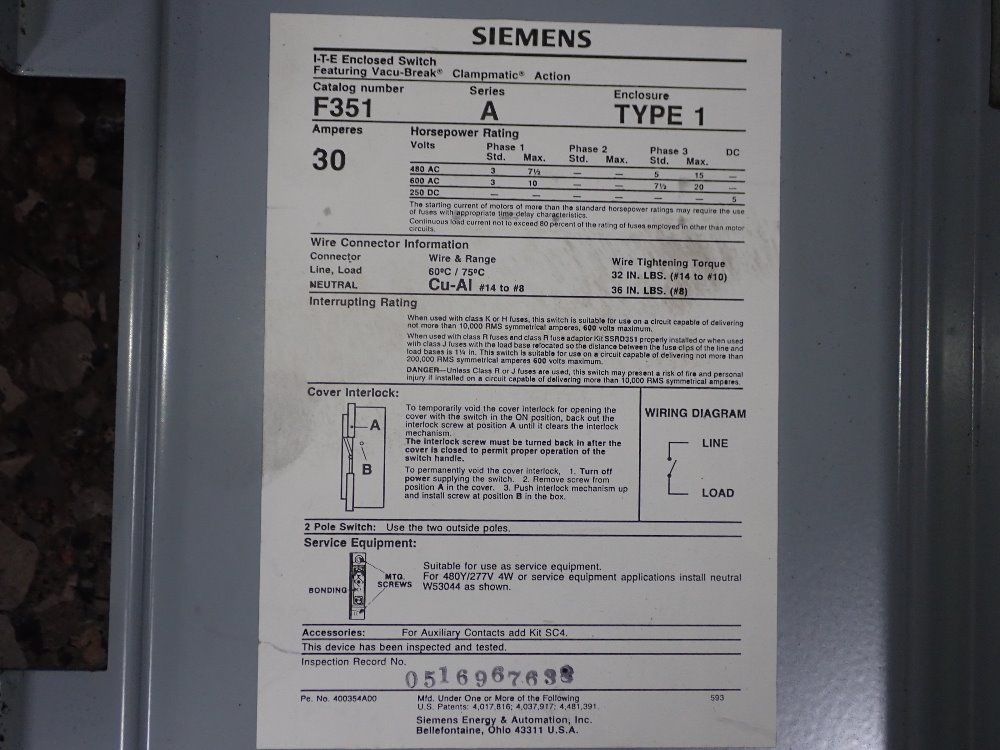 Siemens 30 Amp Fusible Disconnect - F351