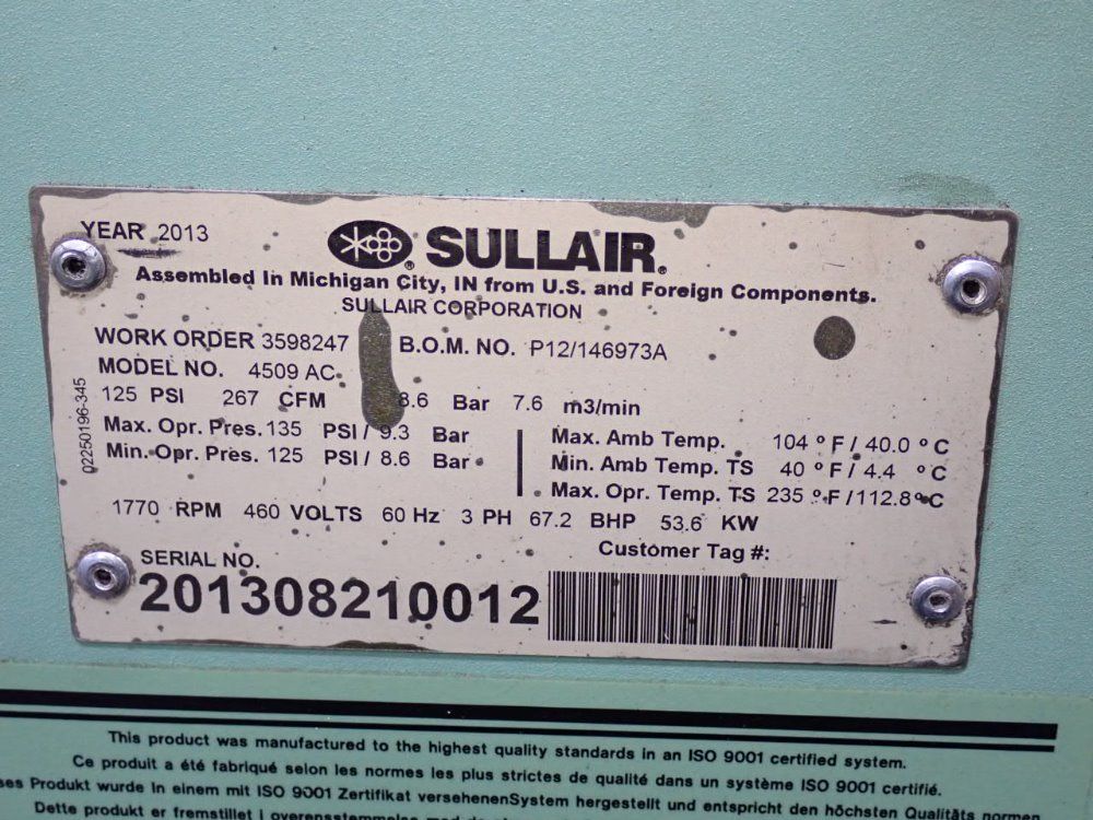 Sullair 53.6 Kw 2013 Sullair 4509ac Air Compressor - 4509ac