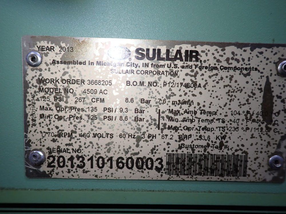 Sullair 53.6 Kw 2013 Sullair 4509ac Air Compressor - 4509ac