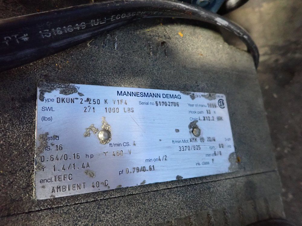 Demag 1000 Lbs Electric Chain Hoist - Dkun2-250kv1f4