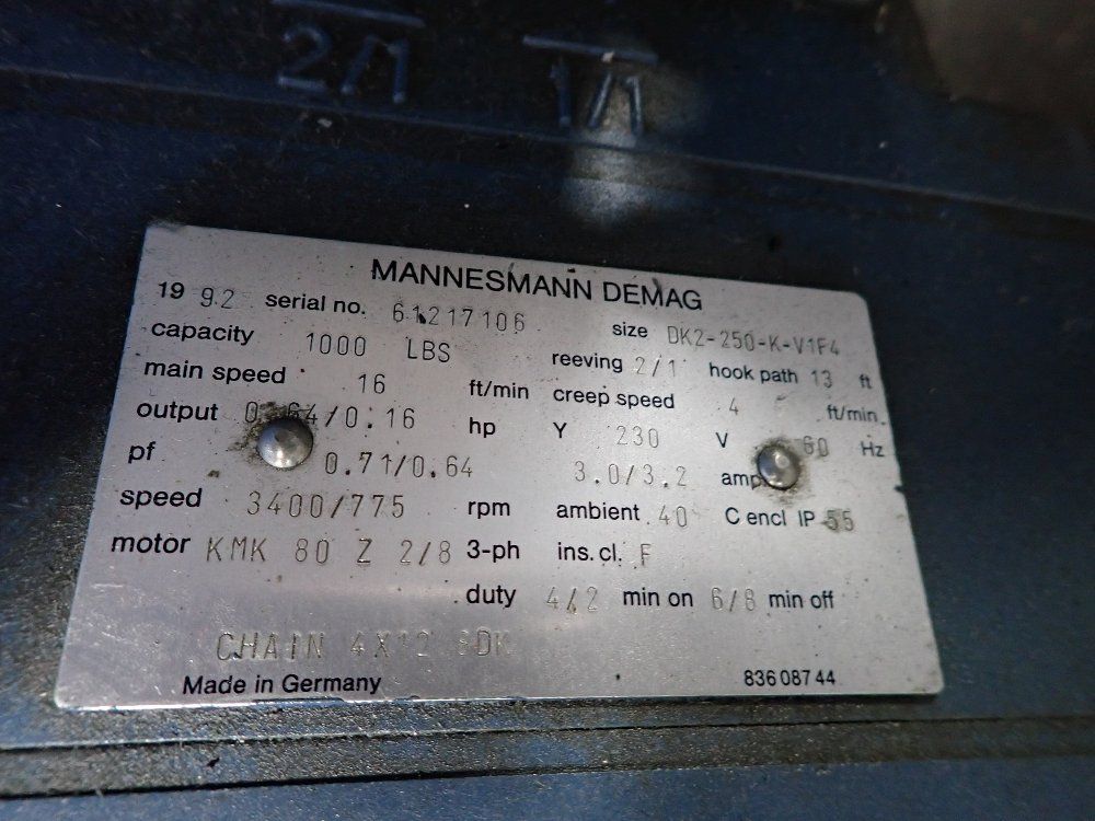 Demag 1000 Lbs Electric Chain Hoist - Dk2-250-k-v1f4