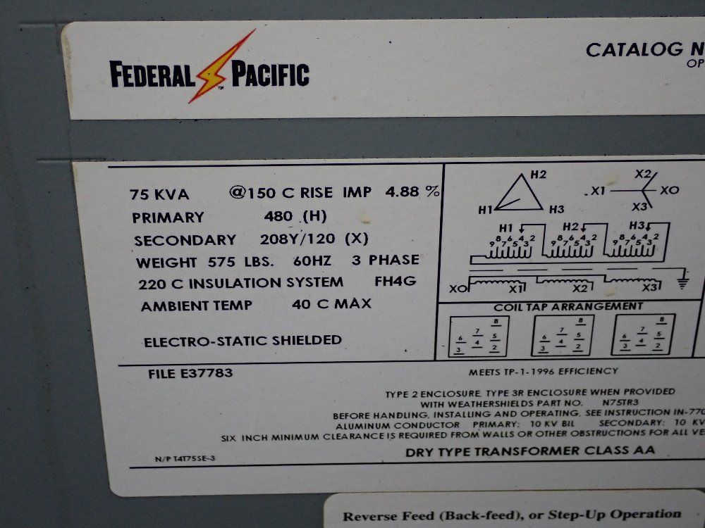 Fedderal Pacific 75 Kva Transformer - T4t75se