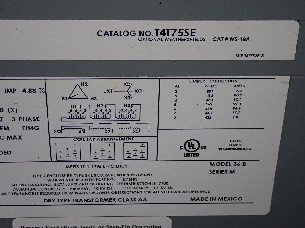Fedderal Pacific 75 Kva Transformer - T4t75se